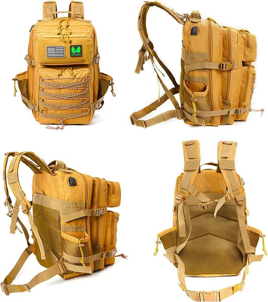 Green Canyon 45L Tactical Assault Backpack with Molle and Charging Port, Water Resistant Military Backpack for Men Women Hiking Rucksack 3 Day Bug Out Bag, Khaki