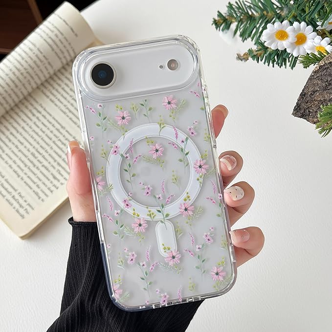 ZTOFERA for iPhone Air Magnetic Case Compatible with Magsafe,Aesthetic Floral Pattern Design Cute for Girl Women,Anti-Drop Protective Hard Phone Cover for iPhone Air-Pink Flower