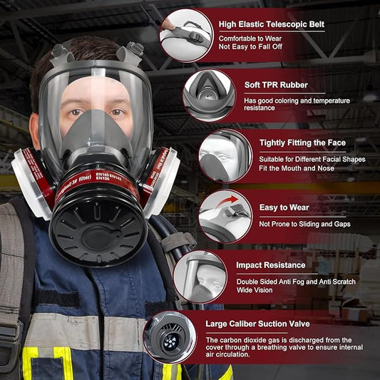 Full Face Respirator Mask - Gas Mask with Filter Cartridges for Painting, Sanding, Asbestos, Fume, Resin and Dust