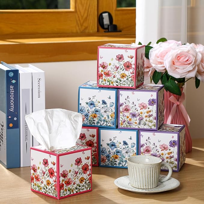 12 Pack Floral Facial Tissues Cube Boxes 600 Sheets 3 Ply Small Square Wildflowers Face Tissues Bulk for Summer Fall Car Bedroom Supplies