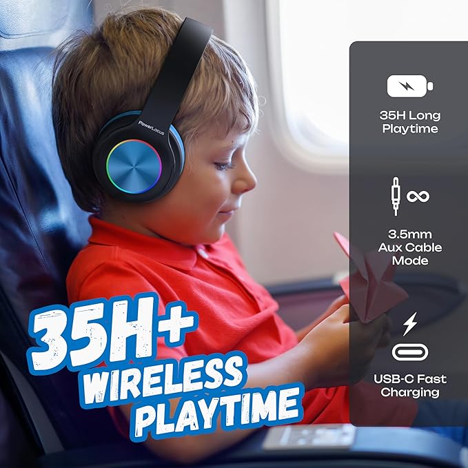PowerLocus PLED Kids Bluetooth Headphones, Kids Wireless Headphones with LED Lights, 74/85/94dB Safe Volume, Micro SD, AUX Cable, Hi-Fi Stereo, Built-in Mic Over Ear Kid Headphone for Travel/Tablet/PC