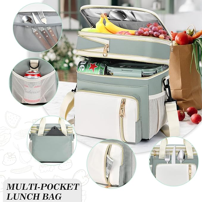 LOKASS Lunch Box for Women, 16L, Double Deck Expandable Insulated Lunch box For Adults/Women Thermal Large Waterproof Leakproof Cooler Bag with Shoulder Strap - Grey Green