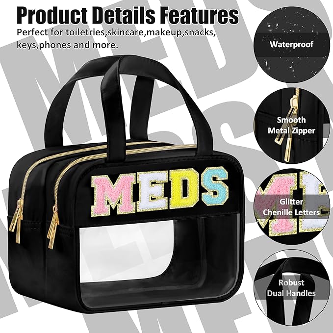 Chenille Letter Clear Medicine Makeup Bag for Travel, Preppy Patch Nylon Cosmetic Meds Pouch with Handles and Zipper, Waterproof Large Travel Toiletry Bag Storage Case for Women Black