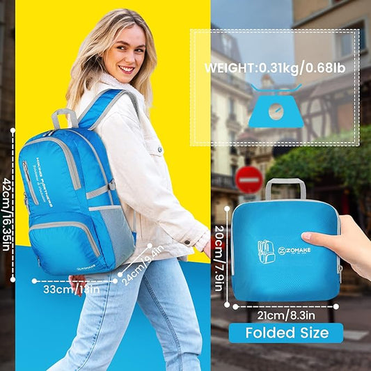ZOMAKE Lightweight Packable Backpack, 35L Light Foldable Hiking Backpacks Water Resistant Collapsible Daypack for Travel(Light Blue)