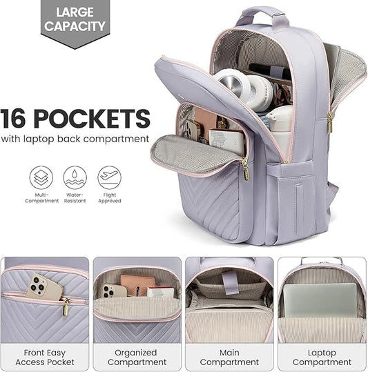 LOVEVOOK Laptop Backpack for Women 15.6 inch,Cute Travel Carry on Backpack Purse,Professional Computer Bag,Waterproof Work Business College Teacher Bag with USB Port,Grey Pink