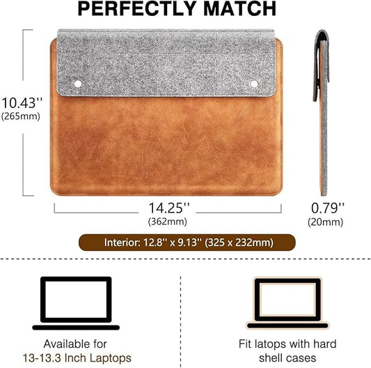MoKo 13-13.3 Inch Laptop Sleeve Fits MacBook Pro 13" M2/M1, MacBook Pro 14", MacBook Air 13.3", iPad Pro 12.9", Surface Pro 9/8 13", Felt & PU Leather Case Bag with Pocket, Gray&Brown