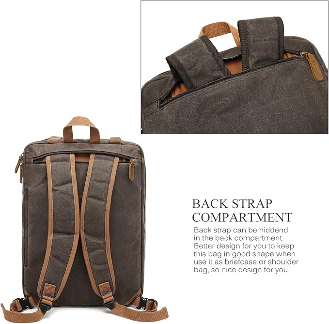 Laptop Messenger Bag Vintage Shoulder Bag Convertible Backpack Retro Briefcase Versatile Travel Bag Fits 17.3 Inch Laptop For Men Business (Waxed Canvas Brown)