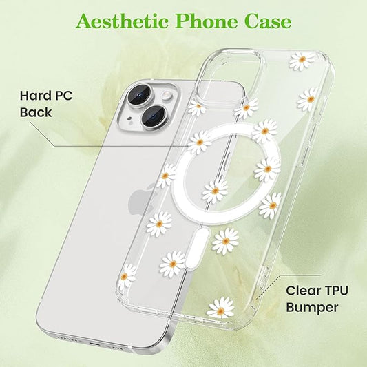 ZTOFERA for iPhone 15 Magnetic Case Compatible with Magsafe,Aesthetic Floral Pattern Design Cute for Girl Women,Anti-Drop Protective Hard Phone Cover for iPhone 15-Daisy