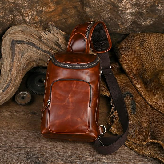 Thick Crazy horse Leather Triangle Crossbody Sling Chest Bag Travel One Shoulder Bag Daypack For Men Male 3028