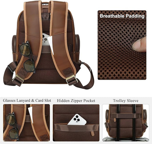 TIDING Men's Vintage Leather Backpack 15.6" Laptop Bag Large Capacity Business Travel Hiking Shoulder Daypacks