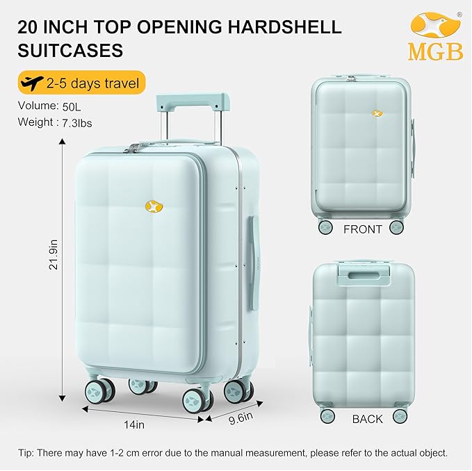 MGB 20 Inch Top Open Carry On Luggage 22x14x9 Airline Approved, Aluminum Frame Hard Shell Carry On Suitcase with Spinner Wheels,Travel Small Luggage for Women Men Gifts (Aquamarine)