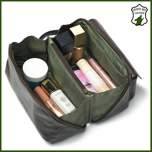 Coyote Bay® Premium Full Grain Soft Leather Makeup Bag Large 9 Inch, Travel Organizer Pouch, Shaving Kit, Cosmetics Toiletry Bathroom Organizer Kit