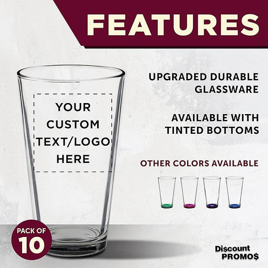 Custom Arc Pint Glass 16 oz. Set of 10, Personalized Bulk Pack - Beer Glasses, Heavy Duty Drinkware - Clear