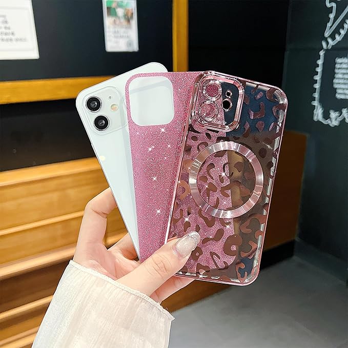 for iPhone 12 Case Magnetic,Soft Cute Luxury Leopard Cheetah Pattern Plating Glitter Bling Phone Case Compatible with MagSafe Clear Shockproof Back Cover for Women Girl 6.1"-Pink