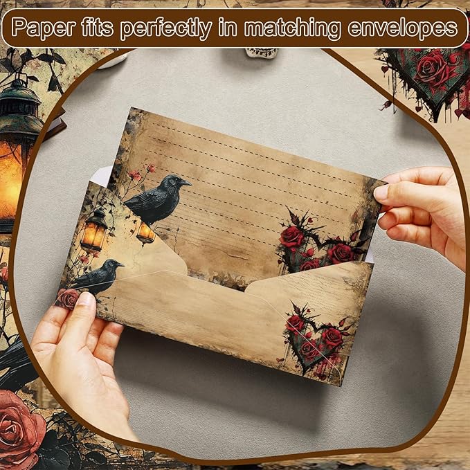 TaoBary 160 Pcs Stationery Paper Set 50 Double Sided Stationery Papers with 50 Matching Envelopes and 60 Round Dot Sticker, 10 Design(Gothic Style,8.5 x 11 Inch)