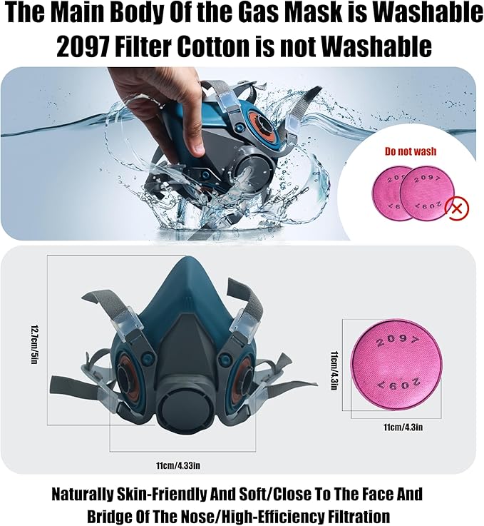 Reusable Painting Respirator Mask with 4 Pieces 2097 Filters - Half Face Gas Mask for Chemicals Spray Welding Epoxy Resin Dust Woodworking 6200 Blue