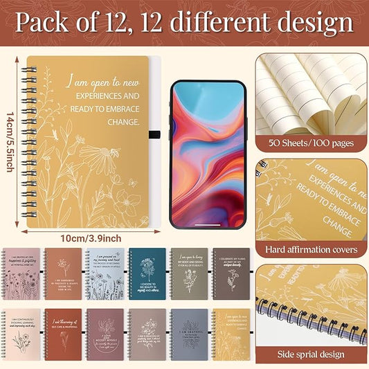 Kosiz 24 Pcs/12 Set Positive Affirmation Gifts Gratitude Spiral Notebooks with Pens Motivational Encouragement Notepads Daily Affirmations Journal for Women (Vibrant)