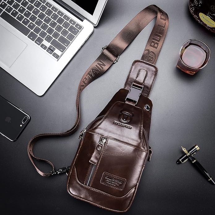 LUKZIJAES Genuine Leather Sling Bag for Men