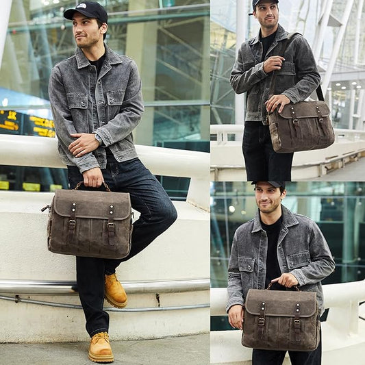 Messenger Bag for Men 15.6 Inch Vintage Canvas Genuine Leather Briefcase for Men Laptop Bag Satchel Shoulder Bag
