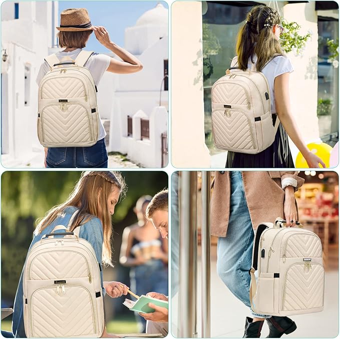 Laptop Backpack for Women, Large School Backpacks for Girls,17.3 Inch Fashion Quilted College Bookbags with USB Charger, Beige Womens Travel Backpack