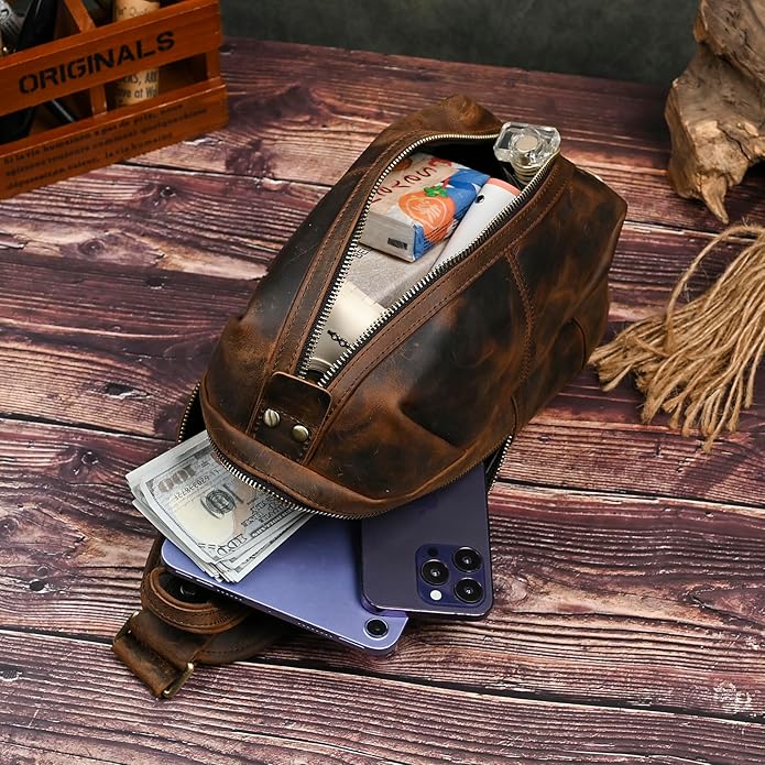 Thick Crazy horse Leather Triangle Crossbody Sling Chest Bag Travel One Shoulder Bag Daypack For Men Male 3028