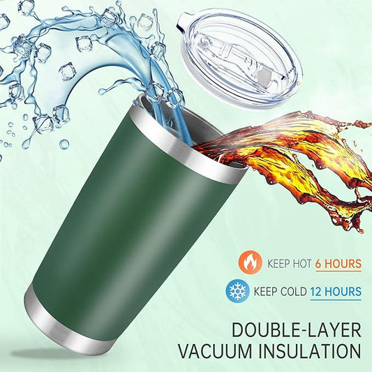 20 oz Tumblers Bulk Stainless Steel Tumbler with Lid Double Wall Vacuum Insulated Coffee Mug 20oz Powder Coated Cup for Hot and Cold Drinks, Dark Green, 6 pack