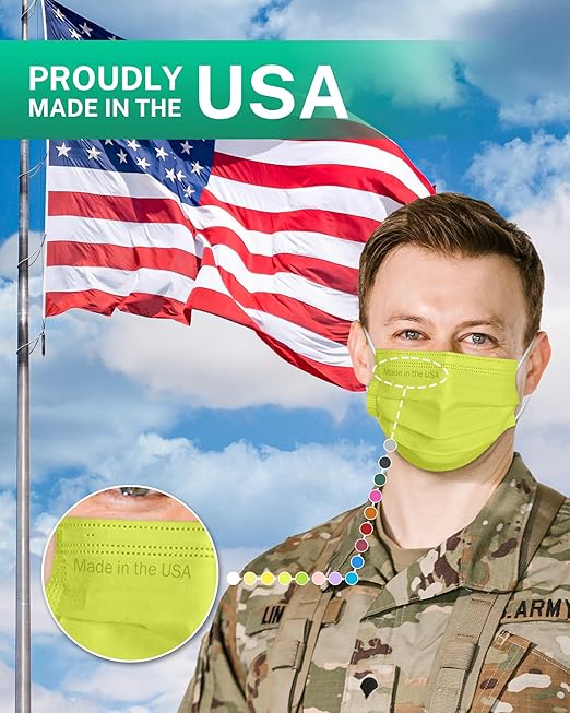 Disposable Face Masks Made in USA, 4 Ply for Families, Students, Breathable All-Day Wear & Safety, FSA HSA Eligible, ASTM Level 3 Medical Grade, 50 Pack, Green