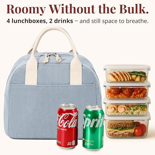 Insulated Lunch Bag for Women Men, Stylish Corduroy Tote Bag with Aluminum Lining, Large Capacity Reusable Cooler for Work, Travel, or Beach, Dusty Blue Lunch Box