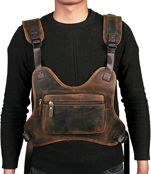 Thick Crazy horse Leather Triangle Crossbody Sling Chest Bag Travel One Shoulder Bag Daypack For Men Male 3028
