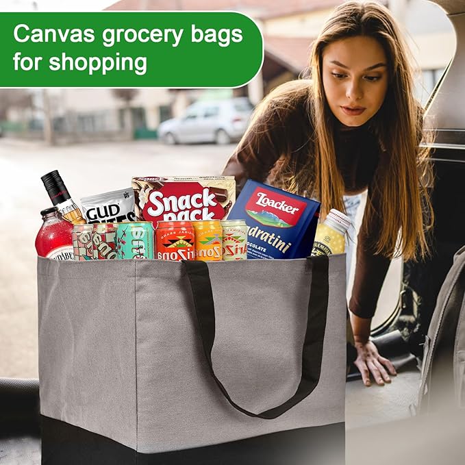 Canvas Reusable Grocery Bags Heavy Duty, 8.3 gal Foldable Large Canvas Tote Bag with Handles, Holds 60 lbs Canvas Shopping Bags, 1 Pack