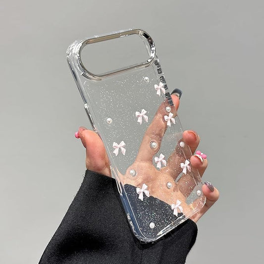 EYZUTAK Case for iPhone Air, Bling Glitter 3D Bowknot Phone Case Cute Sparkly Crystal Clear Bow Aesthetic Design Cover Slim Soft Durable TPU Transparent Protective Cover for Women Girl - Pink Bow