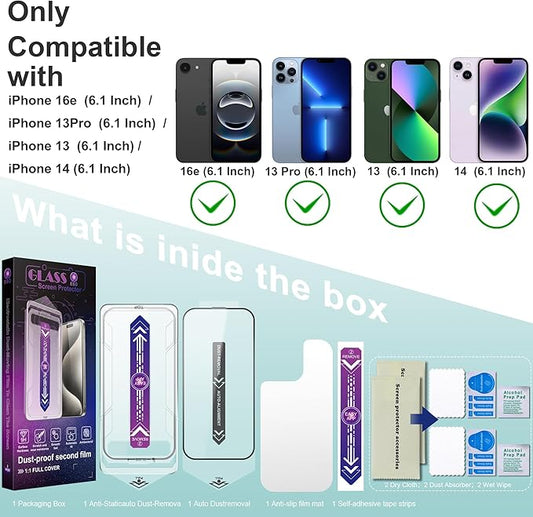 2 Pack Screen Protector Tempered Glass for iPhone 16e and iPhone 14 and iPhone 13 and iPhone 13 Pro 6.1-Inch Auto Dust Removal, No Bubbles, High Definition Clear, Easy Installation