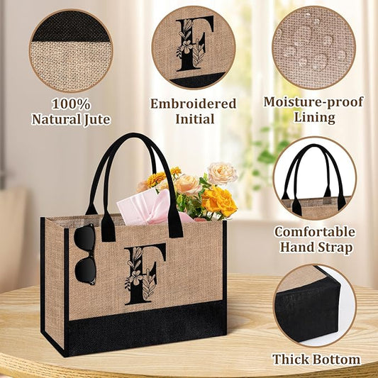 AYGE Personalized Initial Jute Tote Bag & Makeup Bag, Beach Bag, Monogrammed Birthday Gifts for Women Sister Mom Bridesmaid