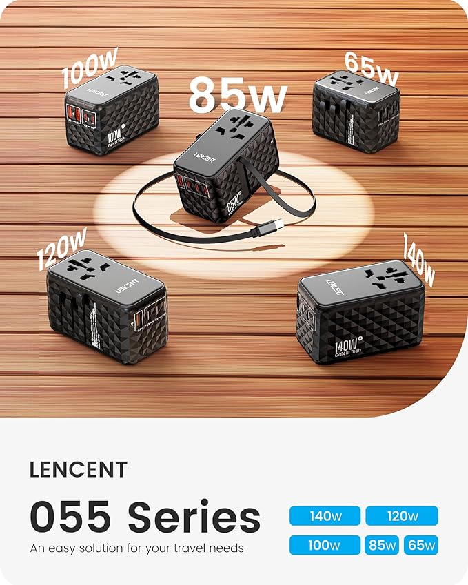 LENCENT 85W Universal Travel Power Adapter with Retractable USB C Cable, GaN International Travel Adapter with 1 USB-A & 3 Type C Fast Charging, Worldwide Plug Adaptor for US to EU UK Type C/G/A/I