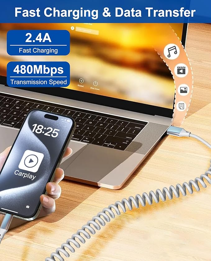 Coiled Lightning Cable for Car - 2 Pack 4ft MFi Certified Retractable iPhone Charger Cord, Short Curly Apple CarPlay Cable for iPhone 14/13/12/11/Pro/Pro Max/X/XR/XS/8, White