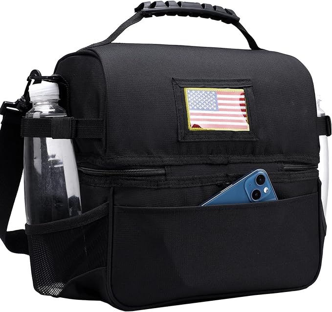 MIER Dual Compartment Lunch Bag Tote with Shoulder Strap for Men and Women Insulated Leakproof Cooler Bag, Black