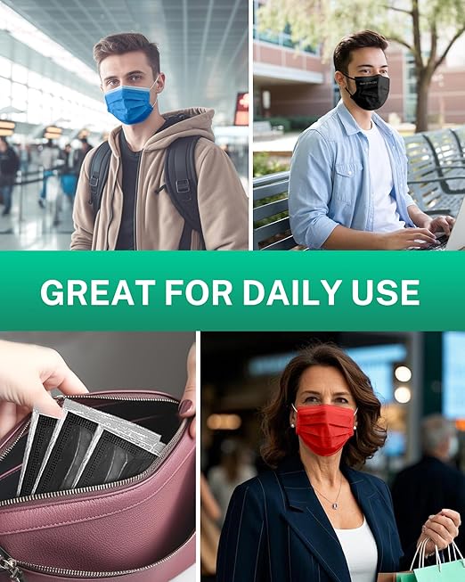 Disposable Face Masks Made in USA, 4 Ply for Families, Students, Breathable All-Day Wear & Safety, ASTM Level 3 Medical Grade, 50 Pack Individual Wrap, Black