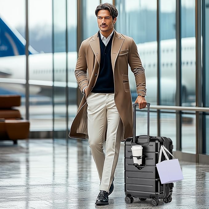 KYME Carry On Luggage 22x14x9 Airline Approved Expandable with Cup Holder 20 Inch Hardshell Carry-On Suitcase with Spinner Wheels TSA Lock Small Lightweight Travel Rolling Luggage Black