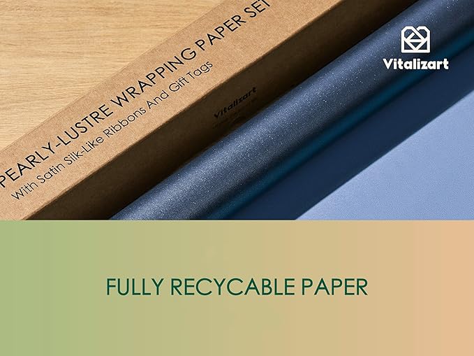 Vitalizart Blue Wrapping Paper Set 17" Pearly-Lustre With Silk Like Satin Ribbon & Gift Tags Recyclable Christmas Gift Wrapping Birthday Baby Shower Wedding Handmade Crafts 197"(16.4 Ft)