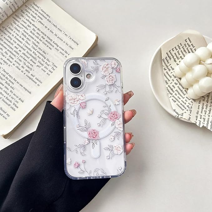 ZTOFERA for iPhone 17 Magnetic Case Compatible with Magsafe,Aesthetic Floral Pattern Design Cute for Girl Women,Anti-Drop Protective Hard Phone Cover for iPhone 17-Pink Rose