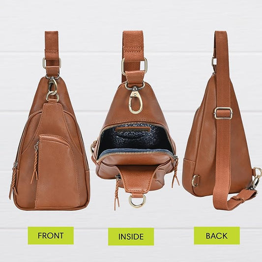 Antik Kraft Tasha Crossbody Sling (Tan) | Vegan Leather Crossbody Bag for Women with 16-20" Strap | Sling Bags for Women with Durable Antique Brass Hardware | 7in x 2.5in x 12.5in |