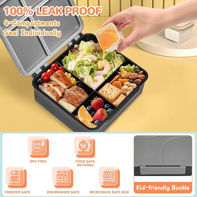 MAXSO Bento Lunch Box Set with 8 oz Soup Thermo, Kids Leakproof 4 Compartments Hot Food Container with Sauce Cup, Ice Pack and Lunch Bag, Child Insulated Food Jar for School - Black