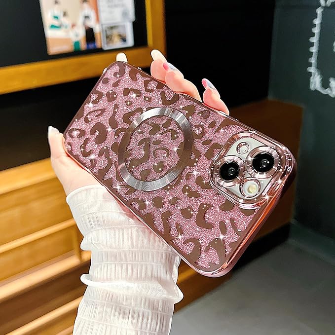 for iPhone 15 Plus Case Magnetic,Soft Cute Luxury Leopard Cheetah Pattern Plating Glitter Bling Phone Case Compatible with MagSafe Clear Shockproof Back Cover for Women Girl 6.7"-Pink