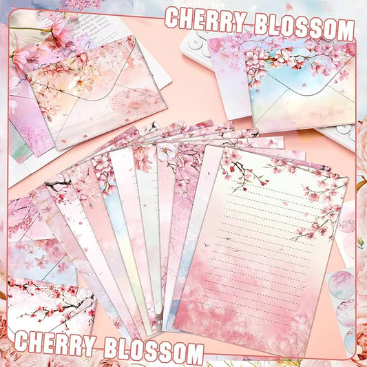 TaoBary 160 Pcs Stationery Paper Set 50 Double Sided Stationery Papers with 50 Matching Envelopes and 60 Round Dot Sticker, 10 Design(Cherry Blossom,5.5 x 8.25 Inch)