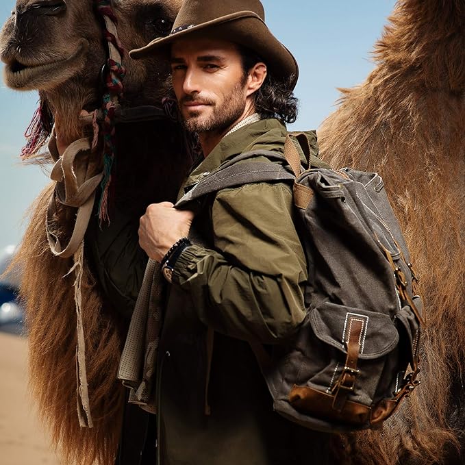 Heavy Duty Waxed Canvas Vintage Backpack for Men Women Trim Casual 15.6" laptop Travel Rucksack Shoulder Rucksack for Travel