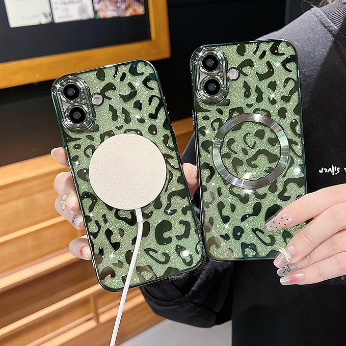 for iPhone 16 Case Magnetic,Soft Cute Luxury Leopard Cheetah Pattern Plating Glitter Bling Phone Case Compatible with MagSafe Clear Shockproof Back Cover for Women Girl 6.1"-Green
