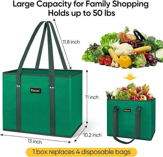 BALEINE 3Pk Reusable Grocery Bags, Foldable Shopping Bags for Groceries with Reinforced Bottom & Handles (Green)