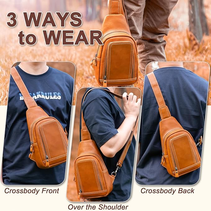 Genuine Leather Sling Bag for Men and Women Crossbody Shoulder Bag Sling Backpack Chest Purse Cross Body Pouch