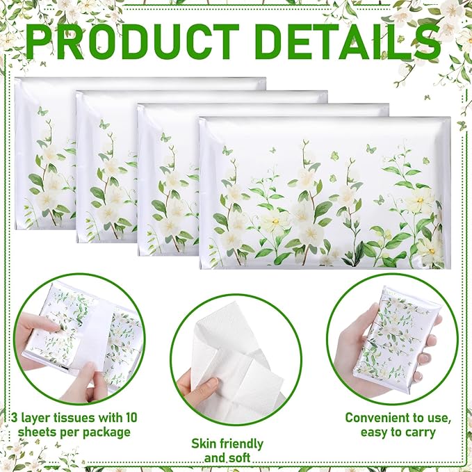 50 Pack Winter Magnolia Flower Pocket Tissues Individual Packs Bulk 3 Ply Magnolia Floral Wallet Travel Facial Tissues Packets for Winter Christmas Wedding Party Supplies