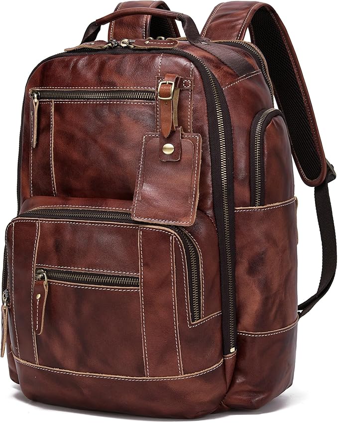 LANNSYNE Full Grain Leather Backpack For Men, Fits 16" Laptop, Coffee